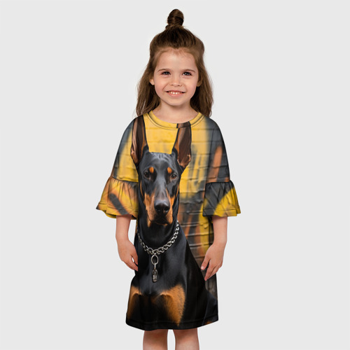 Детское платье 3D с принтом Доберман на фоне граффити, вид сбоку #3