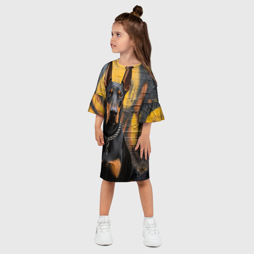 Детское платье 3D с принтом Доберман на фоне граффити, фото на моделе #1