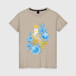 Женская футболка хлопок Птица Сирин среди цветов по мотивам русского орнамента