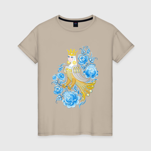 Женская футболка хлопок Птица Сирин среди цветов по мотивам русского орнамента, цвет миндальный