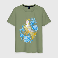 Мужская футболка хлопок Птица Сирин среди цветов по мотивам русского орнамента