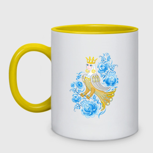 Кружка двухцветная Птица Сирин среди цветов по мотивам русского орнамента, цвет белый + желтый