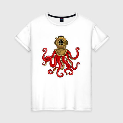 Женская футболка из хлопка с принтом Красный осьминог, вид спереди №1
