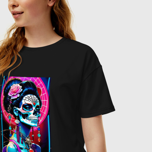 Женская футболка хлопок Oversize Санта муэрте - нейросеть , цвет черный - фото 3