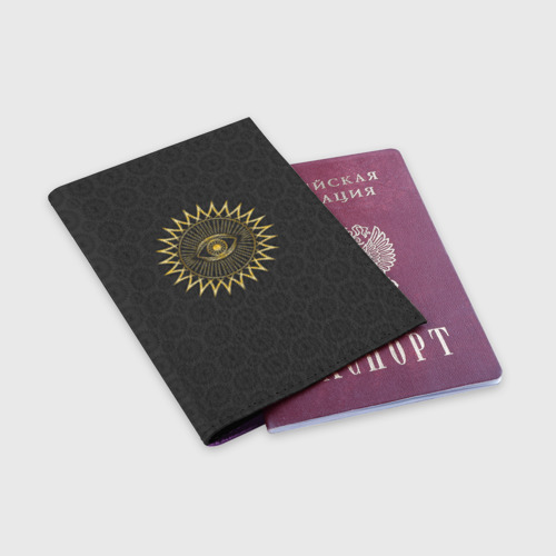 Обложка для паспорта матовая кожа Человеческий глаз и абстрактные лучи золотого цвета, цвет фиолетовый - фото 3