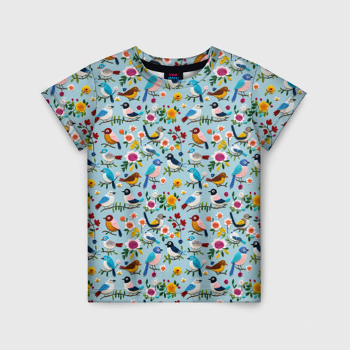 Детская футболка с принтом Вязаные птички паттерн, вид спереди №1