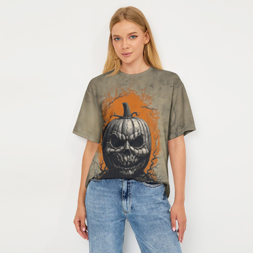 Женская футболка oversize 3D Мрачная хэллоуинская тыква , цвет 3D печать - фото 5
