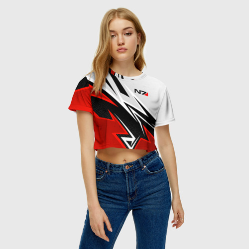 Женская футболка Crop-top 3D N7 mass effect - white and red, цвет 3D печать - фото 3