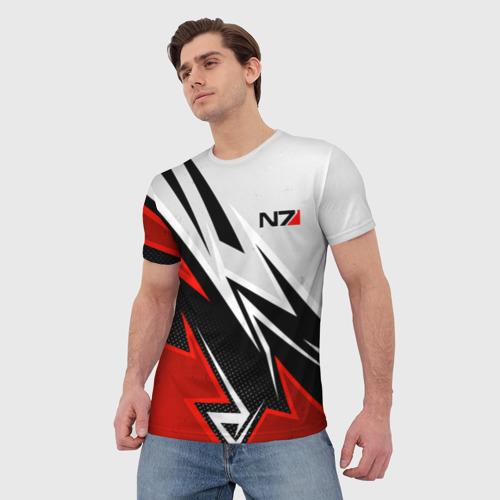 Мужская футболка 3D N7 mass effect - white and red, цвет 3D печать - фото 3