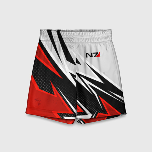 Детские спортивные шорты 3D с принтом N7 mass effect - white and red, вид спереди #2