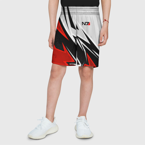 Детские спортивные шорты 3D с принтом N7 mass effect - white and red, вид сбоку #3