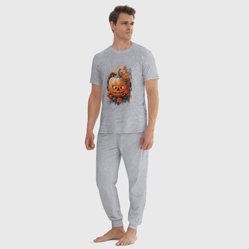 Мужская пижама хлопок с принтом Хэллоуинская тыква с цветами, вид сбоку #3