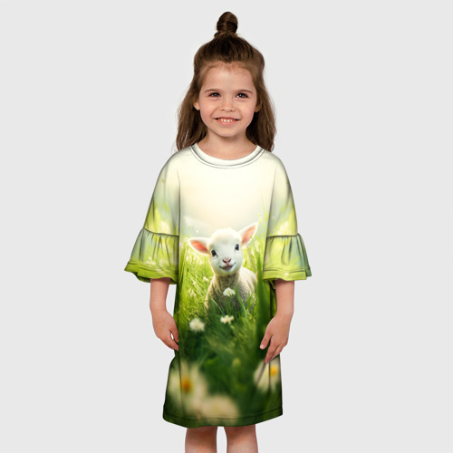 Детское платье 3D с принтом Овечка в траве, вид сбоку #3