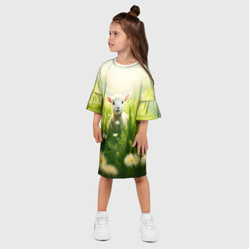 Детское платье 3D с принтом Овечка в траве, фото на моделе #1