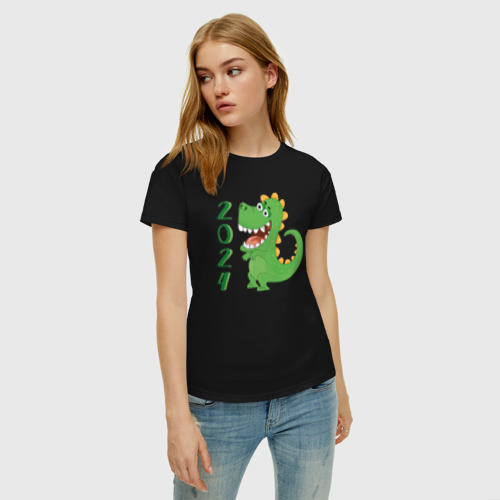 Женская футболка хлопок Дракон зеленый  2024, цвет черный - фото 3