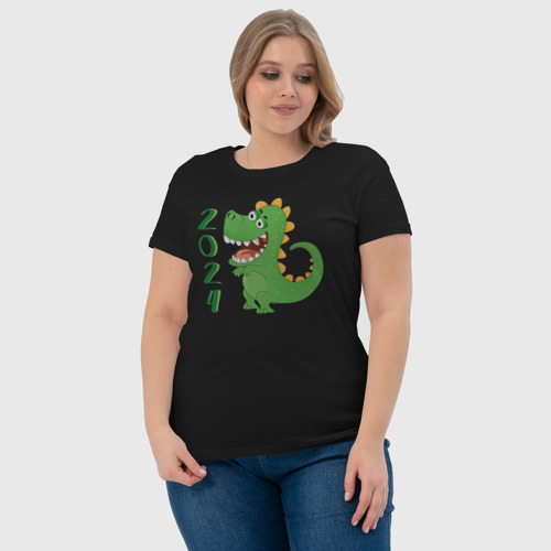 Женская футболка хлопок Дракон зеленый  2024, цвет черный - фото 6