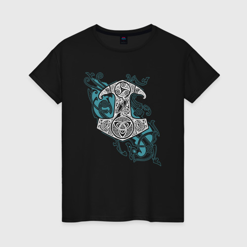 Женская футболка хлопок Молот Тора - скандинавская мифология, цвет черный