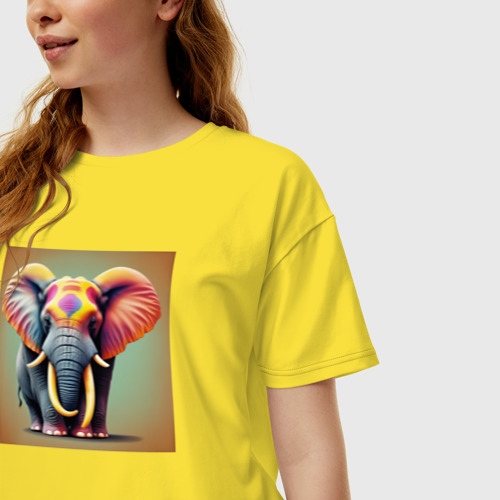 Женская футболка хлопок Oversize Слон красочный стиль, цвет желтый - фото 3