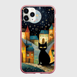 Чехол для iPhone 11 Pro Max матовый Черный кот на фоне ночного города в стиле фолк-арт