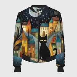 Женский бомбер 3D Черный кот на фоне ночного города в стиле фолк-арт