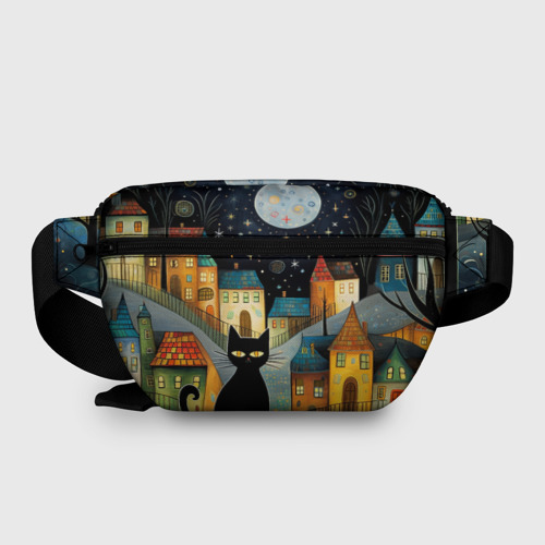 Поясная сумка 3D с принтом Черный кот на фоне ночного города в стиле фолк-арт, вид сзади #1