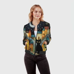 Женский бомбер 3D Черный кот на фоне ночного города в стиле фолк-арт - фото 2