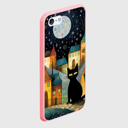 Чехол для iPhone 5/5S матовый Черный кот на фоне ночного города в стиле фолк-арт - фото 2