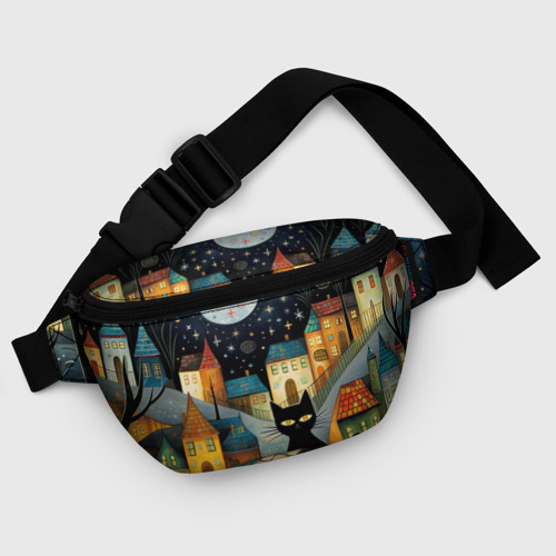 Поясная сумка 3D с принтом Черный кот на фоне ночного города в стиле фолк-арт, фото #5