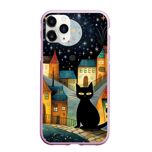 Чехол для iPhone 11 Pro Max матовый с принтом Черный кот на фоне ночного города в стиле фолк-арт, вид спереди #2