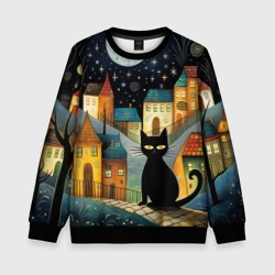 Детский свитшот 3D Черный кот на фоне ночного города в стиле фолк-арт