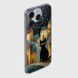 Чехол для iPhone 15 Pro Max силиконовый с защитой камеры Черный кот на фоне ночного города в стиле фолк-арт - фото 2