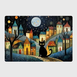 Магнитный плакат 3Х2 Черный кот на фоне ночного города в стиле фолк-арт
