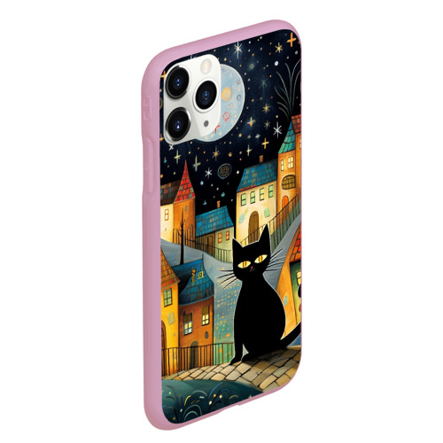 Чехол для iPhone 11 Pro Max матовый с принтом Черный кот на фоне ночного города в стиле фолк-арт, вид сбоку #3