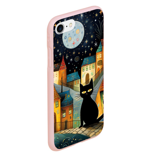 Чехол для iPhone 7/8 матовый с принтом Черный кот на фоне ночного города в стиле фолк-арт, вид сбоку #3