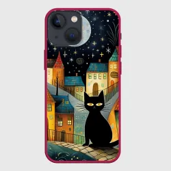 Чехол для iPhone 13 mini Черный кот на фоне ночного города в стиле фолк-арт