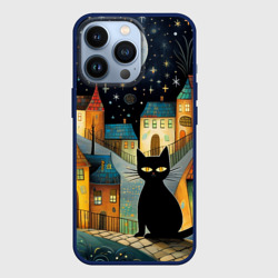 Чехол для iPhone 13 Pro Черный кот на фоне ночного города в стиле фолк-арт