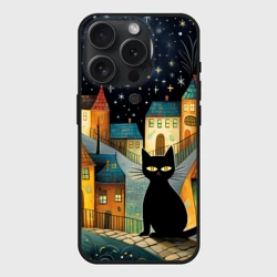Чехол силиконовый для Apple iPhone 15 Pro матовый Черный кот на фоне ночного города в стиле фолк-арт