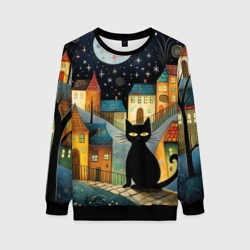 Женский свитшот 3D Черный кот на фоне ночного города в стиле фолк-арт