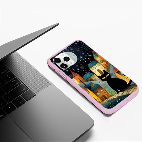 Чехол для iPhone 11 Pro Max матовый с принтом Черный кот на фоне ночного города в стиле фолк-арт, фото #5