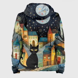 Куртка с принтом Черный кот на фоне ночного города в стиле фолк-арт для женщины, вид сзади №1. Цвет основы: белый