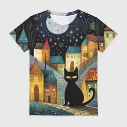 Женская футболка 3D Черный кот на фоне ночного города в стиле фолк-арт