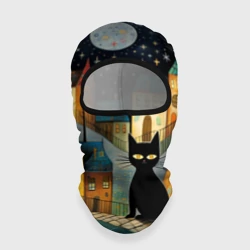Балаклава 3D Черный кот на фоне ночного города в стиле фолк-арт