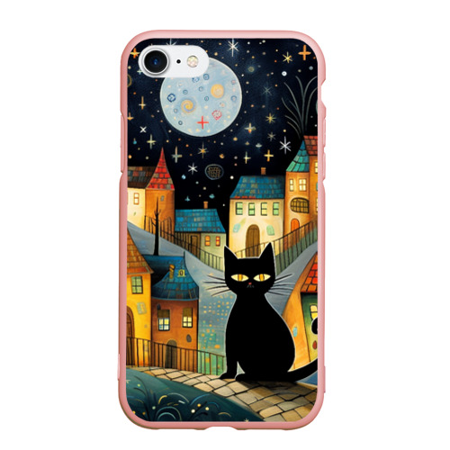 Чехол для iPhone 7/8 матовый с принтом Черный кот на фоне ночного города в стиле фолк-арт, вид спереди #2