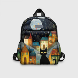 Детский рюкзак 3D Черный кот на фоне ночного города в стиле фолк-арт