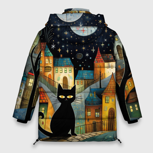 Женская зимняя куртка 3D с принтом Черный кот на фоне ночного города в стиле фолк-арт, вид сзади #1