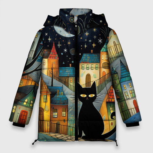 Женская зимняя куртка 3D с принтом Черный кот на фоне ночного города в стиле фолк-арт, вид спереди #2