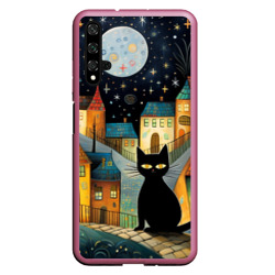 Чехол для Honor 20 Черный кот на фоне ночного города в стиле фолк-арт