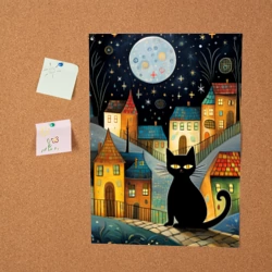 Постер Черный кот на фоне ночного города в стиле фолк-арт - фото 2