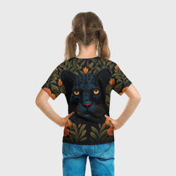 Футболка с принтом Черная пантера в стиле фолк-арт для ребенка, вид на модели сзади №3. Цвет основы: белый
