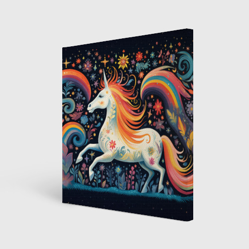Холст квадратный Радужная лошадка в стиле фолк-арт, цвет 3D печать